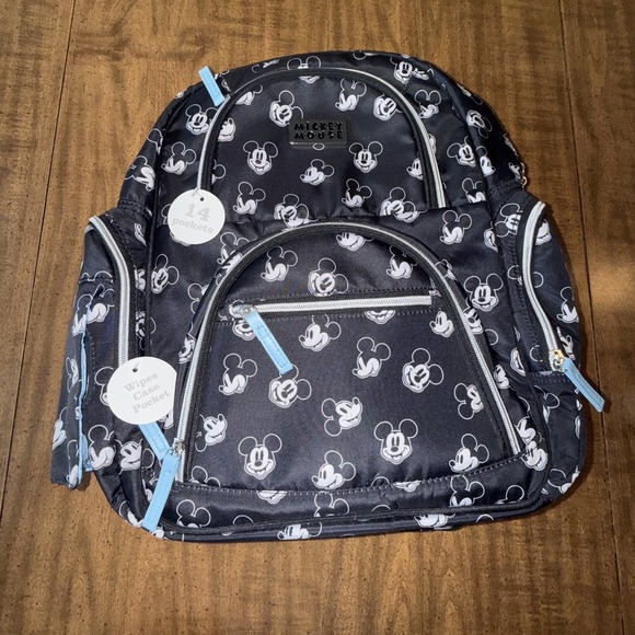 Disney Baby Black & White Mickey Mouse Multi Pc Diaper Bag Backpack w/14 Pockets - Picture 1 of 7